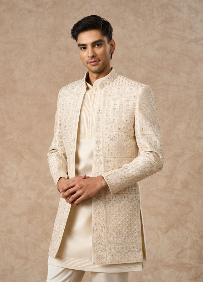 Manyavar Men Beige Silk Indo Western with Embroidery