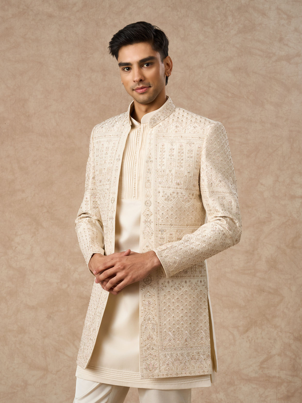 Manyavar Men Beige Silk Indo Western with Embroidery