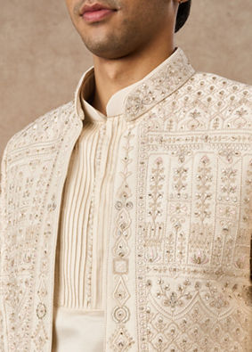 Manyavar Men Beige Silk Indo Western with Embroidery