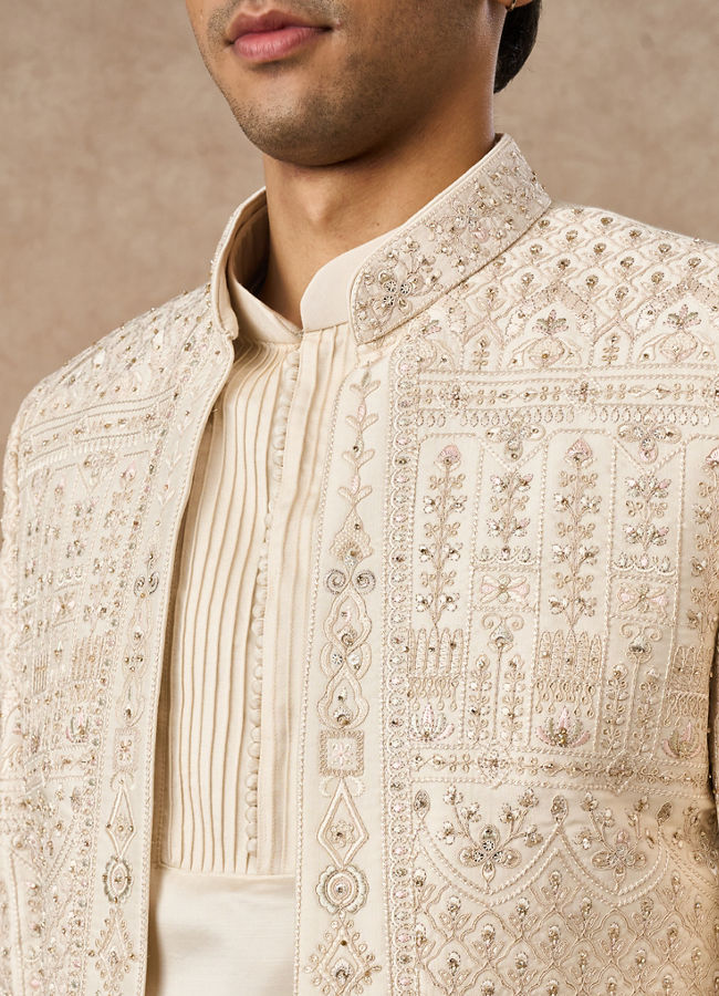 Manyavar Men Beige Silk Indo Western with Embroidery