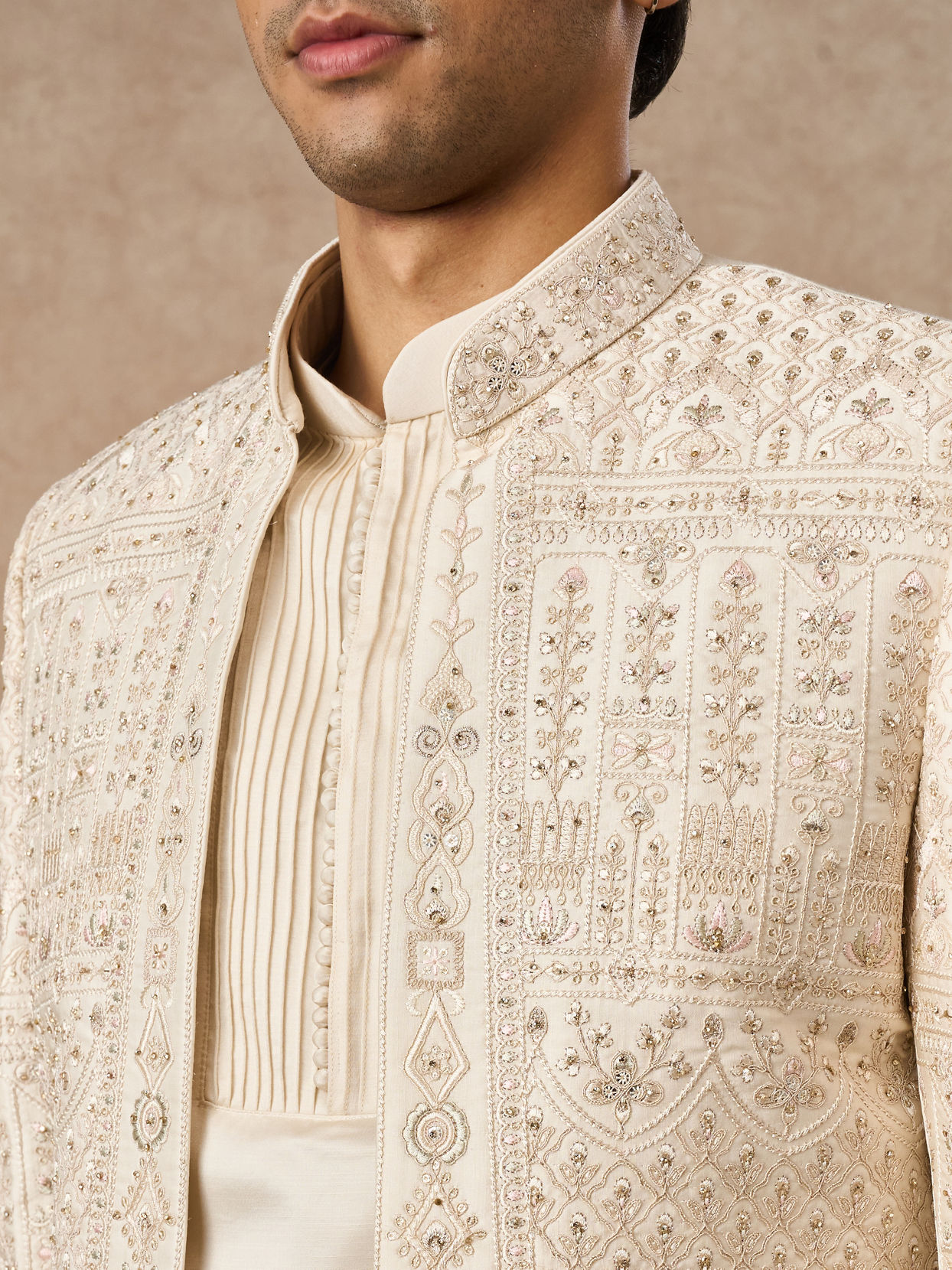 Manyavar Men Beige Silk Indo Western with Embroidery