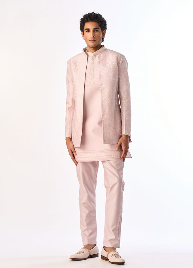 Manyavar Men Pink Silk Indo Western with Embroidery