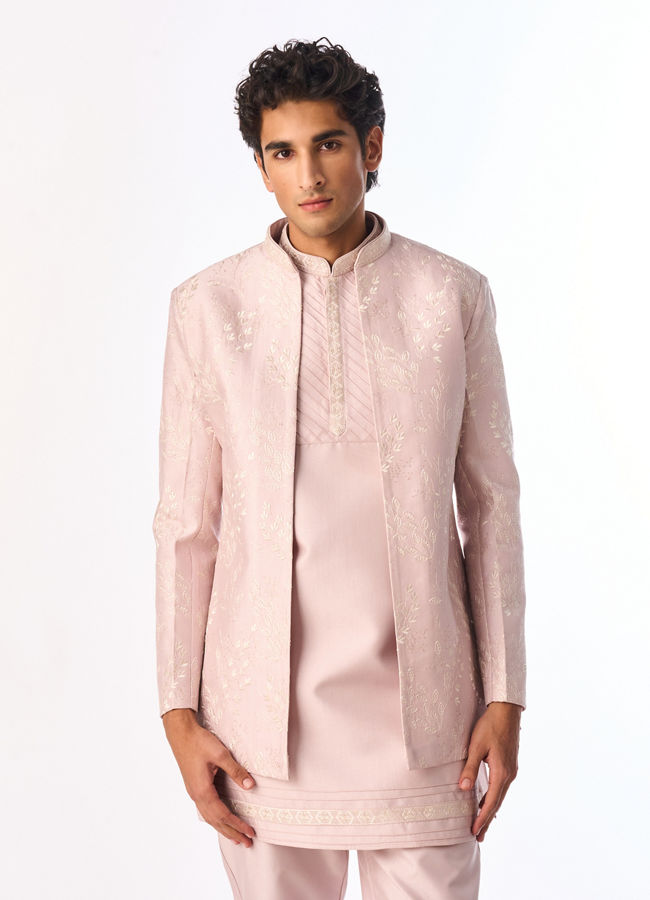 Manyavar Men Pink Silk Indo Western with Embroidery