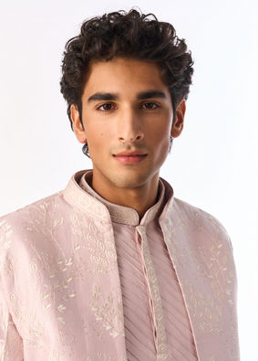 Manyavar Men Pink Silk Indo Western with Embroidery