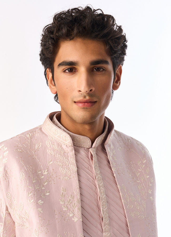 Manyavar Men Pink Silk Indo Western with Embroidery