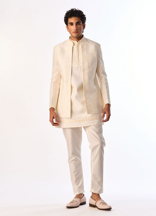 Manyavar Men Cream Art Silk Indo Western with Embroidery