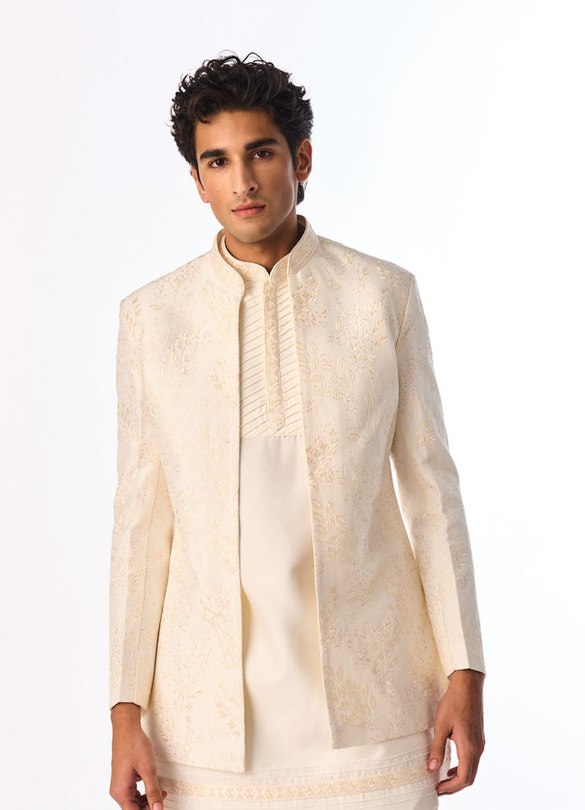 Manyavar Men Cream Art Silk Indo Western with Embroidery