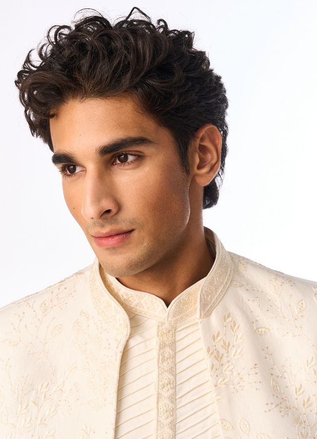 Manyavar Men Cream Art Silk Indo Western with Embroidery