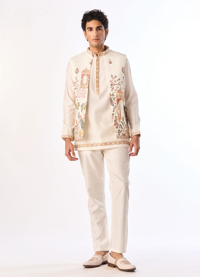 Manyavar Men Cream Silk Indo Western with Embroidery