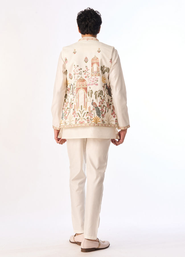 Manyavar Men Cream Silk Indo Western with Embroidery