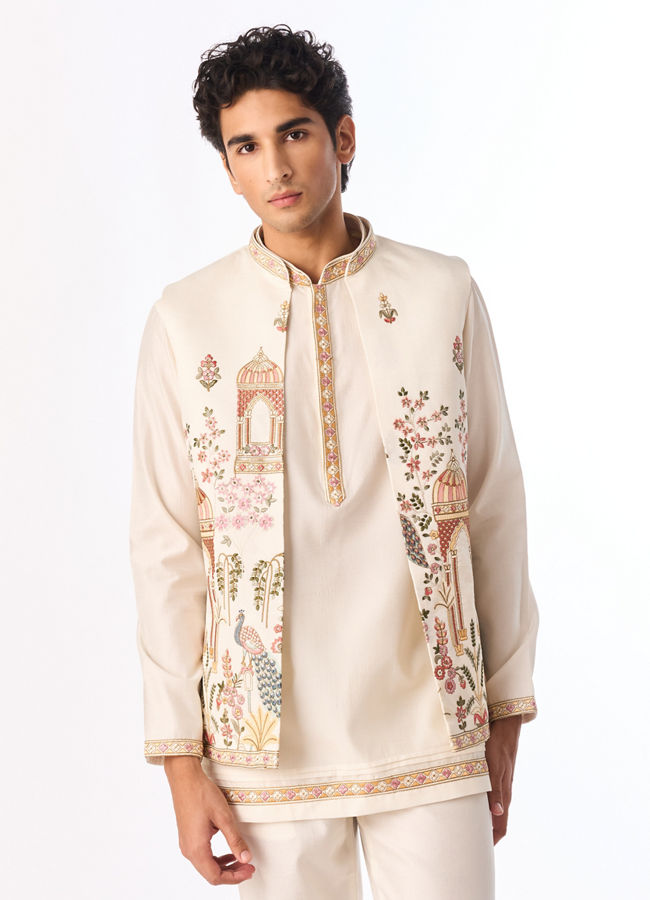 Manyavar Men Cream Silk Indo Western with Embroidery