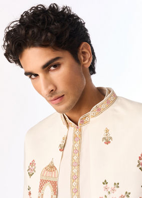 Manyavar Men Cream Silk Indo Western with Embroidery