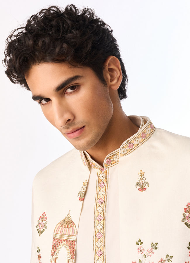 Manyavar Men Cream Silk Indo Western with Embroidery