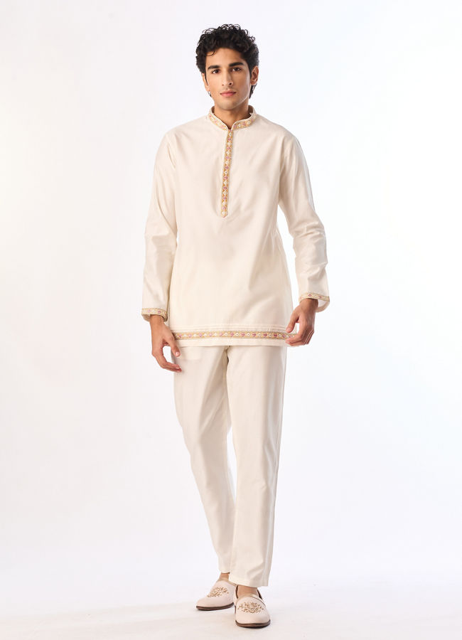Manyavar Men Cream Silk Indo Western with Embroidery