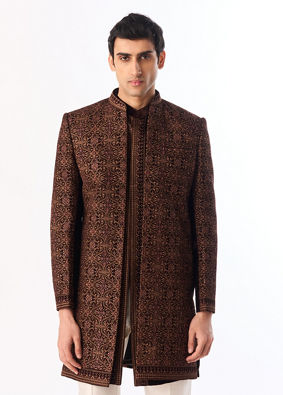 Manyavar Men Brown Velvet Indo Western with Embroidery