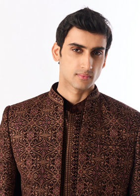 Manyavar Men Brown Velvet Indo Western with Embroidery
