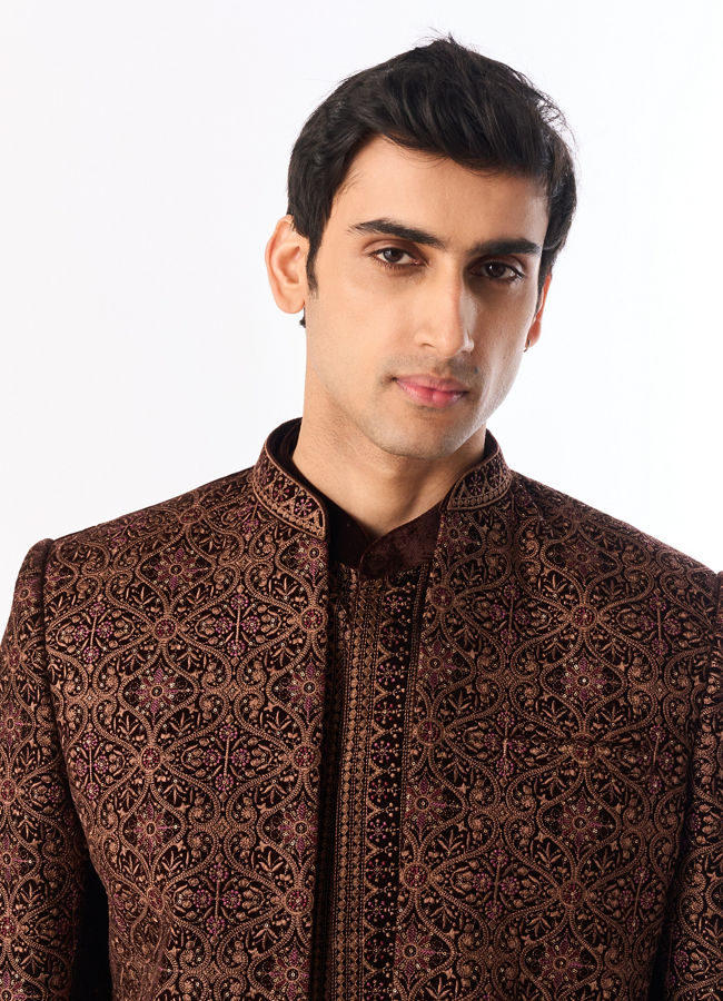 Manyavar Men Brown Velvet Indo Western with Embroidery