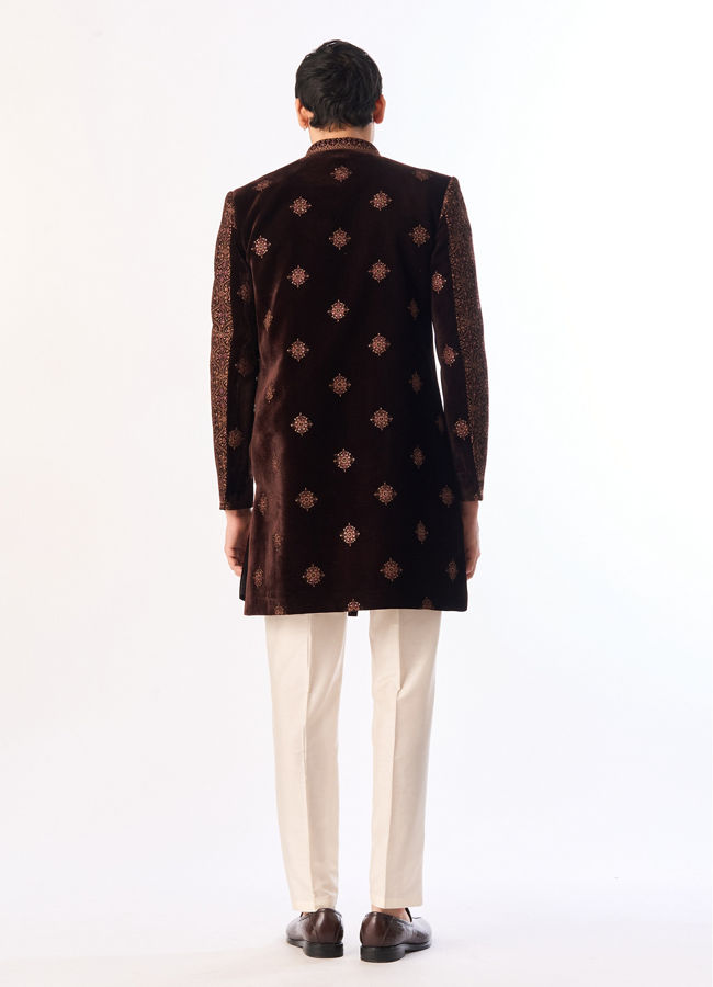 Manyavar Men Brown Velvet Indo Western with Embroidery