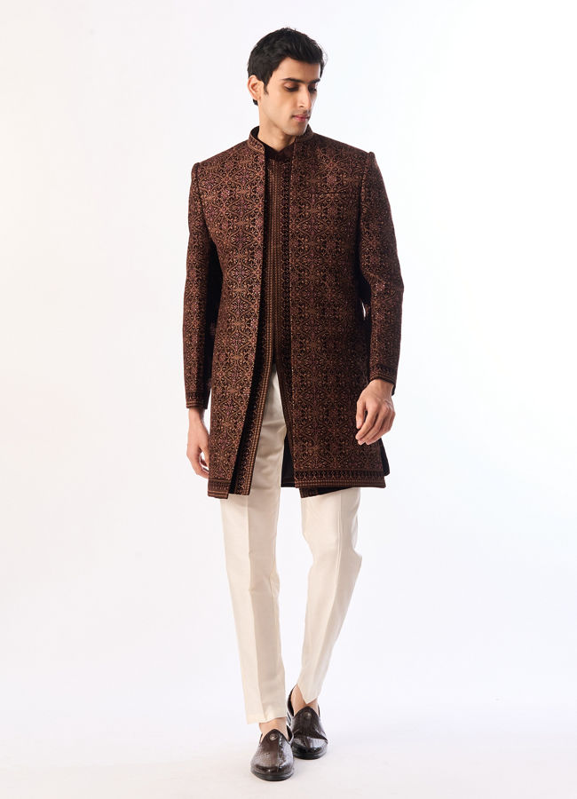 Manyavar Men Brown Velvet Indo Western with Embroidery