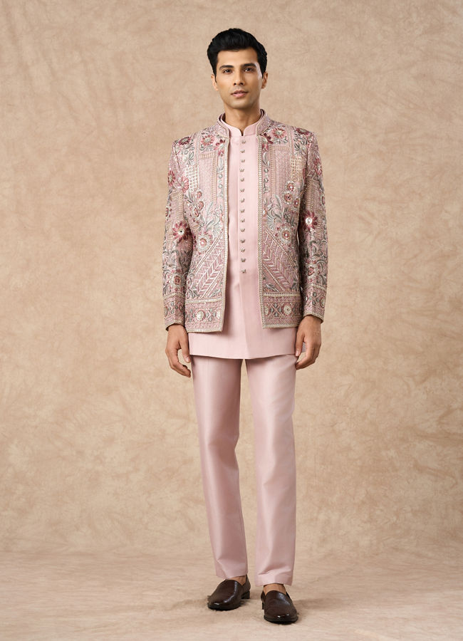 Manyavar Men Beige Net Indo Western