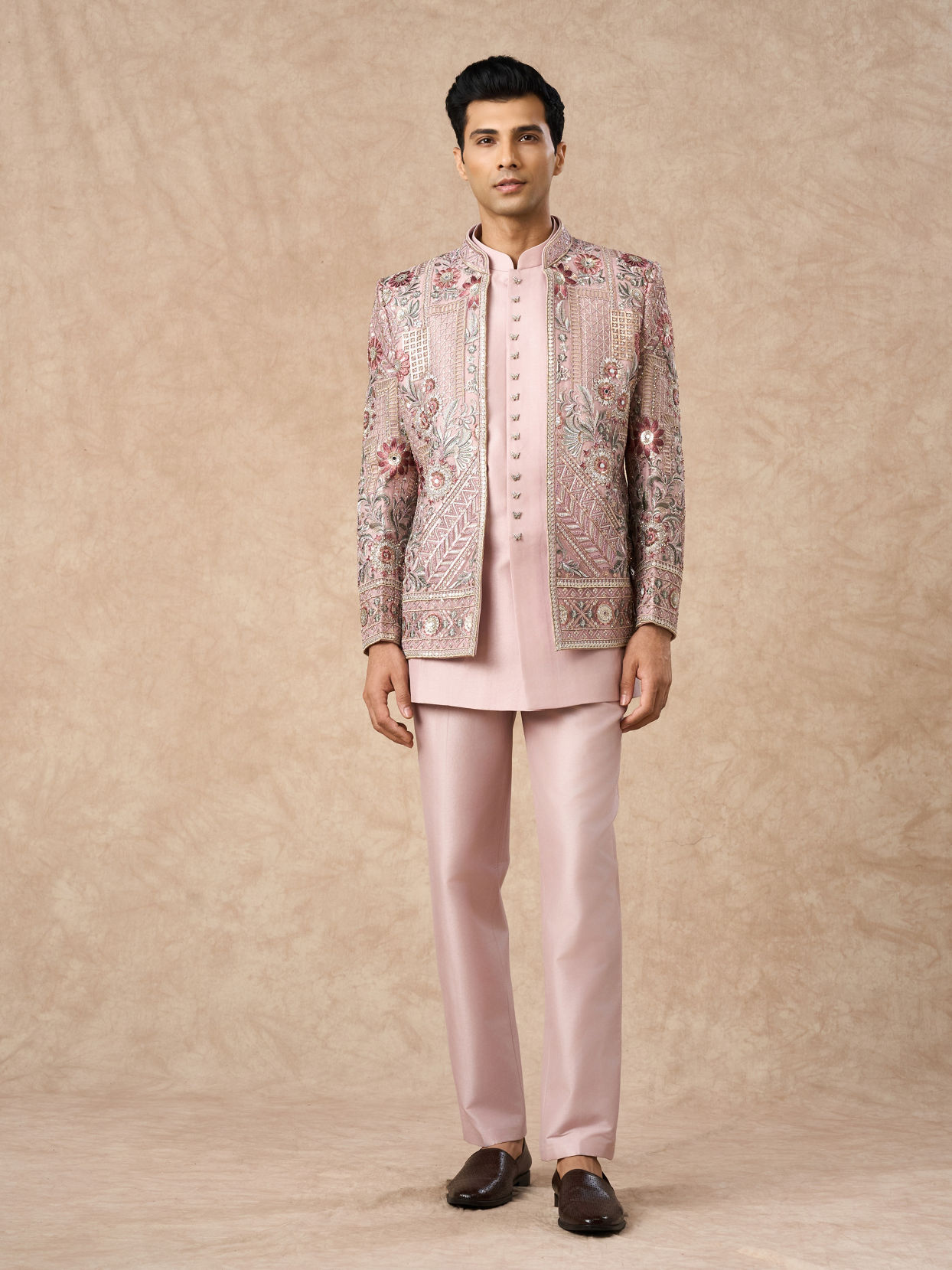 Manyavar Men Beige Net Indo Western