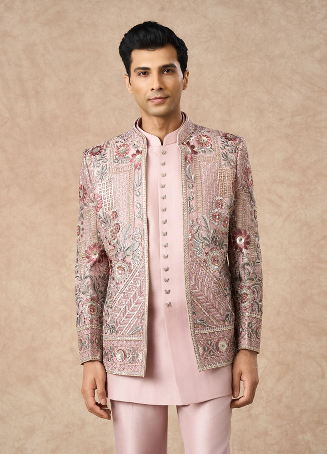 Manyavar Men Beige Net Indo Western