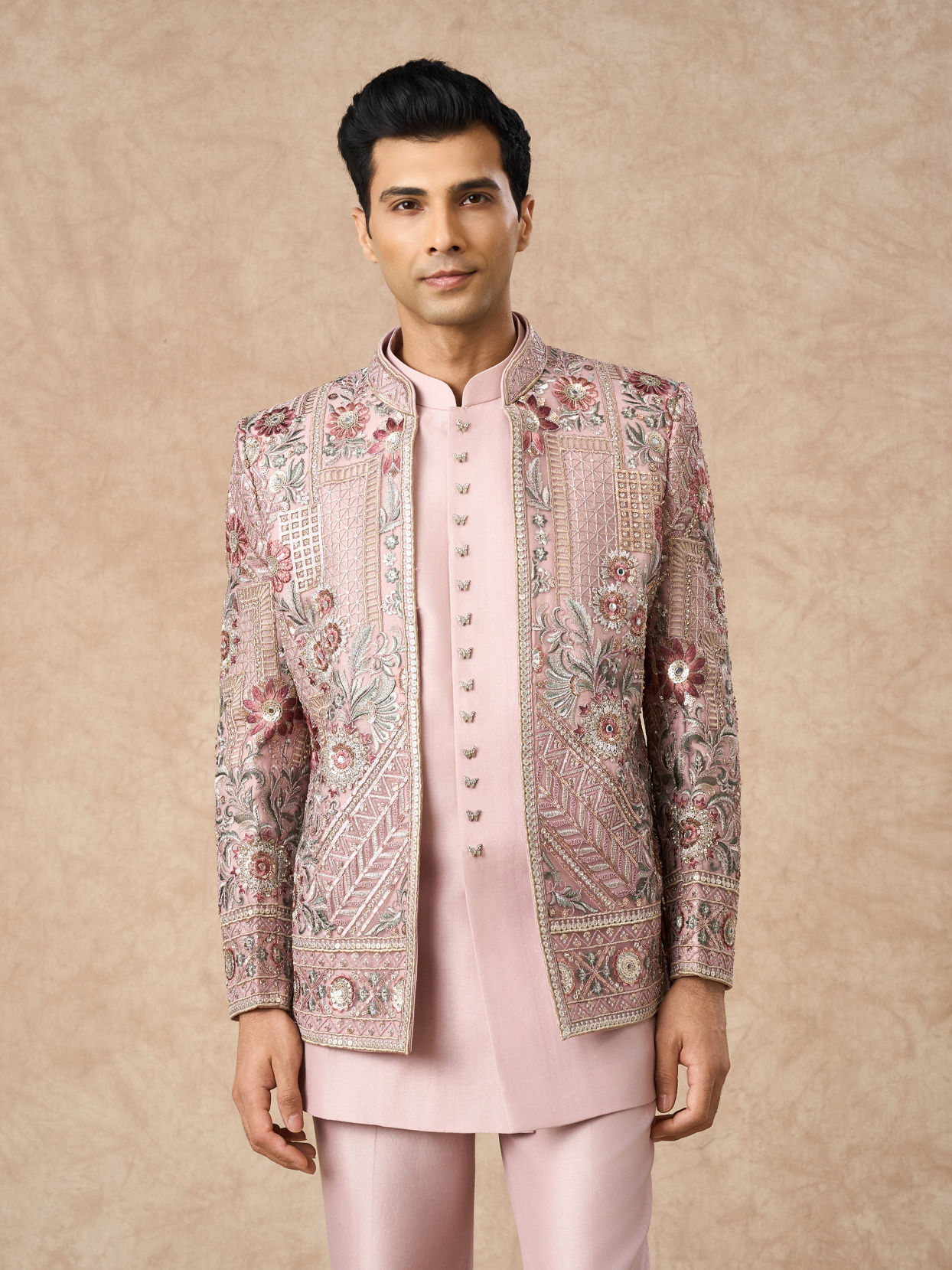 Manyavar Men Beige Net Indo Western