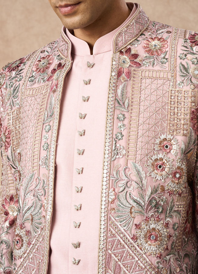 Manyavar Men Beige Net Indo Western