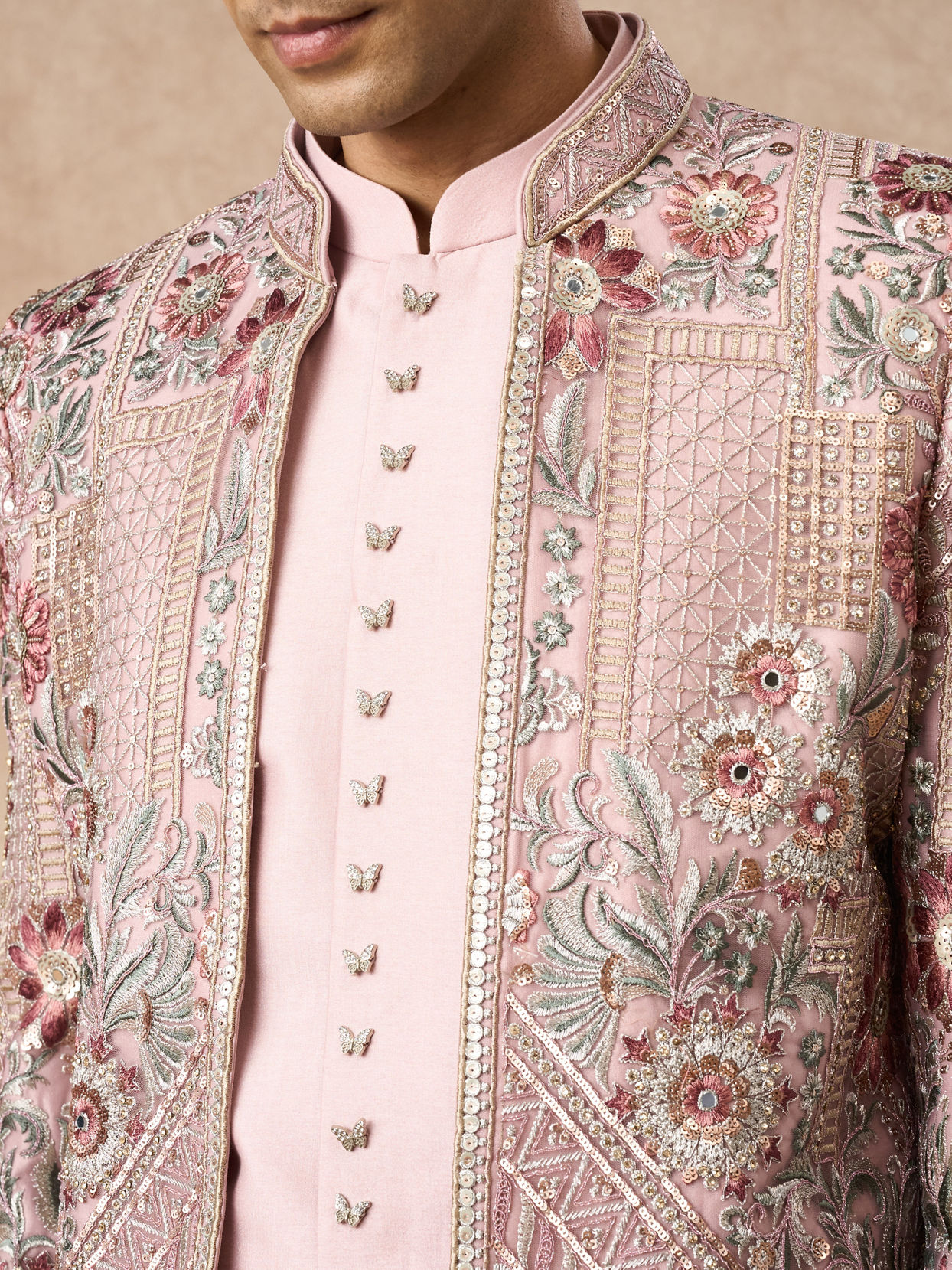 Manyavar Men Beige Net Indo Western