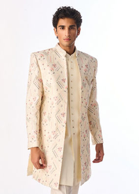 Manyavar Men Cream Silk Indo Western Jacket with Embroidery