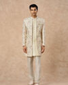 Manyavar Men Cream Art Silk Indo Western Jacket with Embroidery