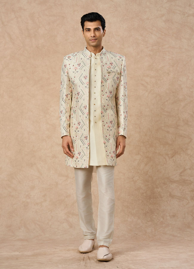 Manyavar Men Cream Art Silk Indo Western Jacket with Embroidery