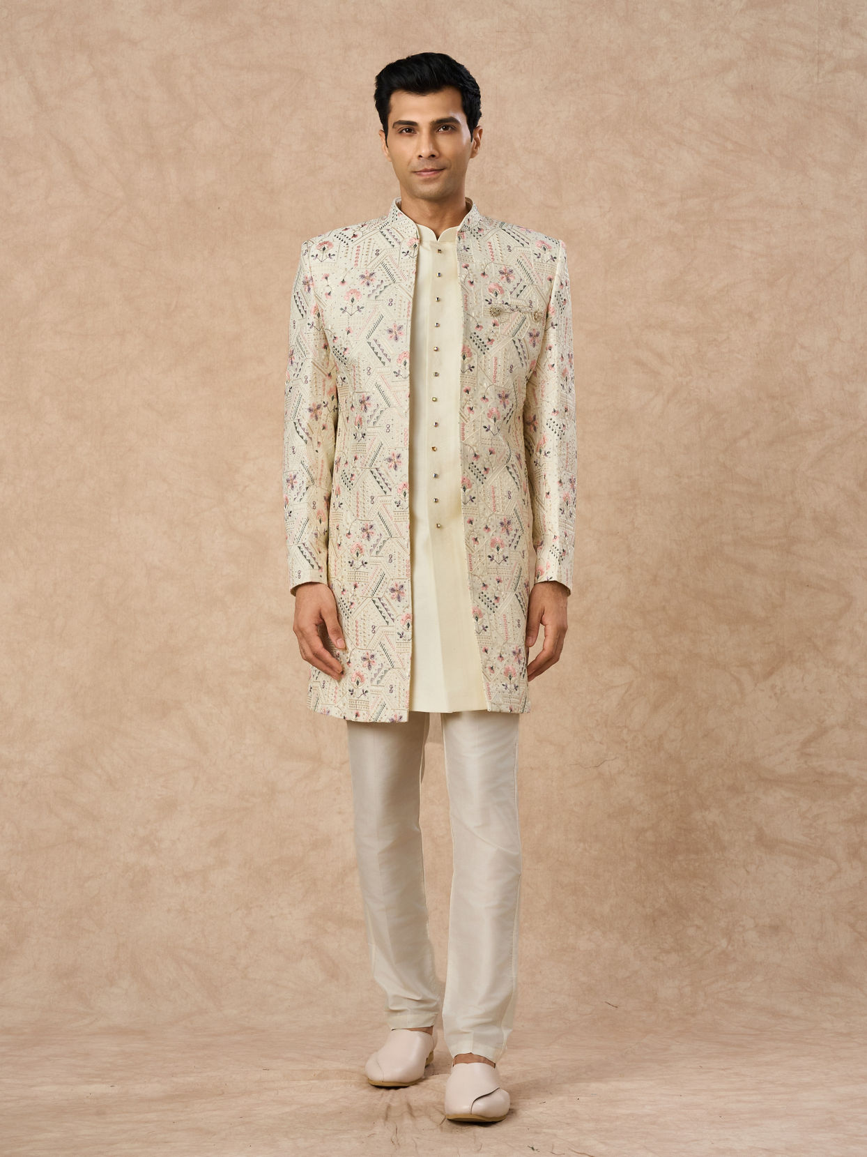 Manyavar Men Cream Art Silk Indo Western Jacket with Embroidery