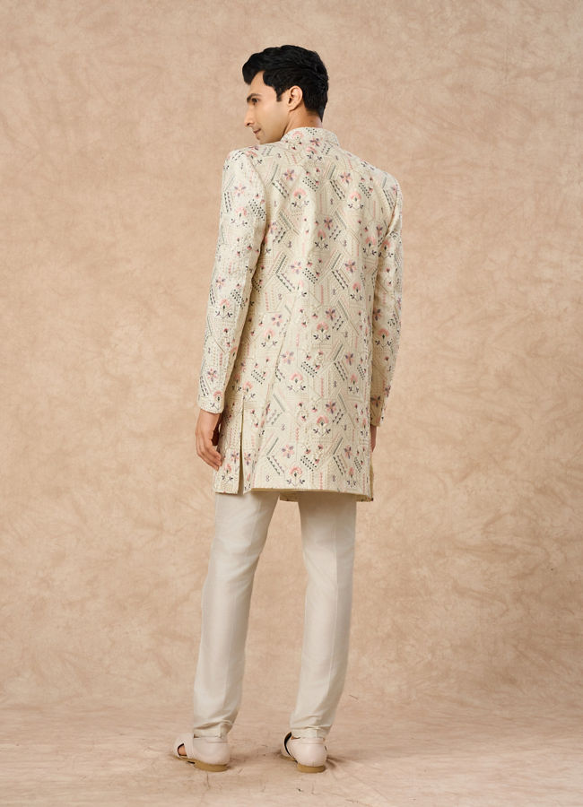 Manyavar Men Cream Art Silk Indo Western Jacket with Embroidery