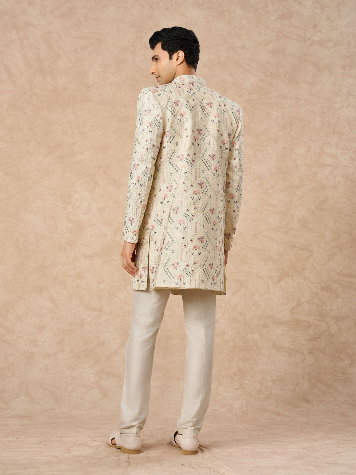 Manyavar Men Cream Art Silk Indo Western Jacket with Embroidery