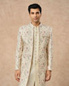 Manyavar Men Cream Art Silk Indo Western Jacket with Embroidery