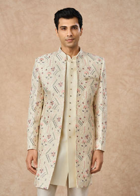 Manyavar Men Cream Art Silk Indo Western Jacket with Embroidery