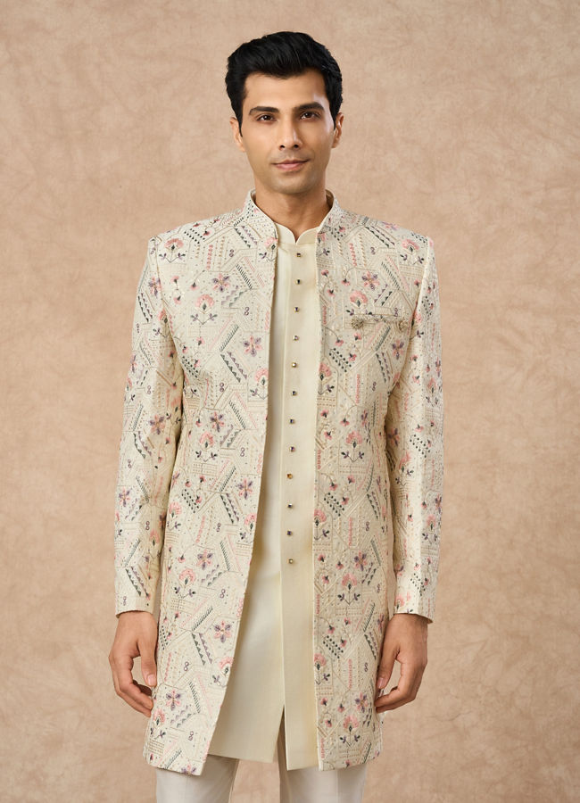 Manyavar Men Cream Art Silk Indo Western Jacket with Embroidery