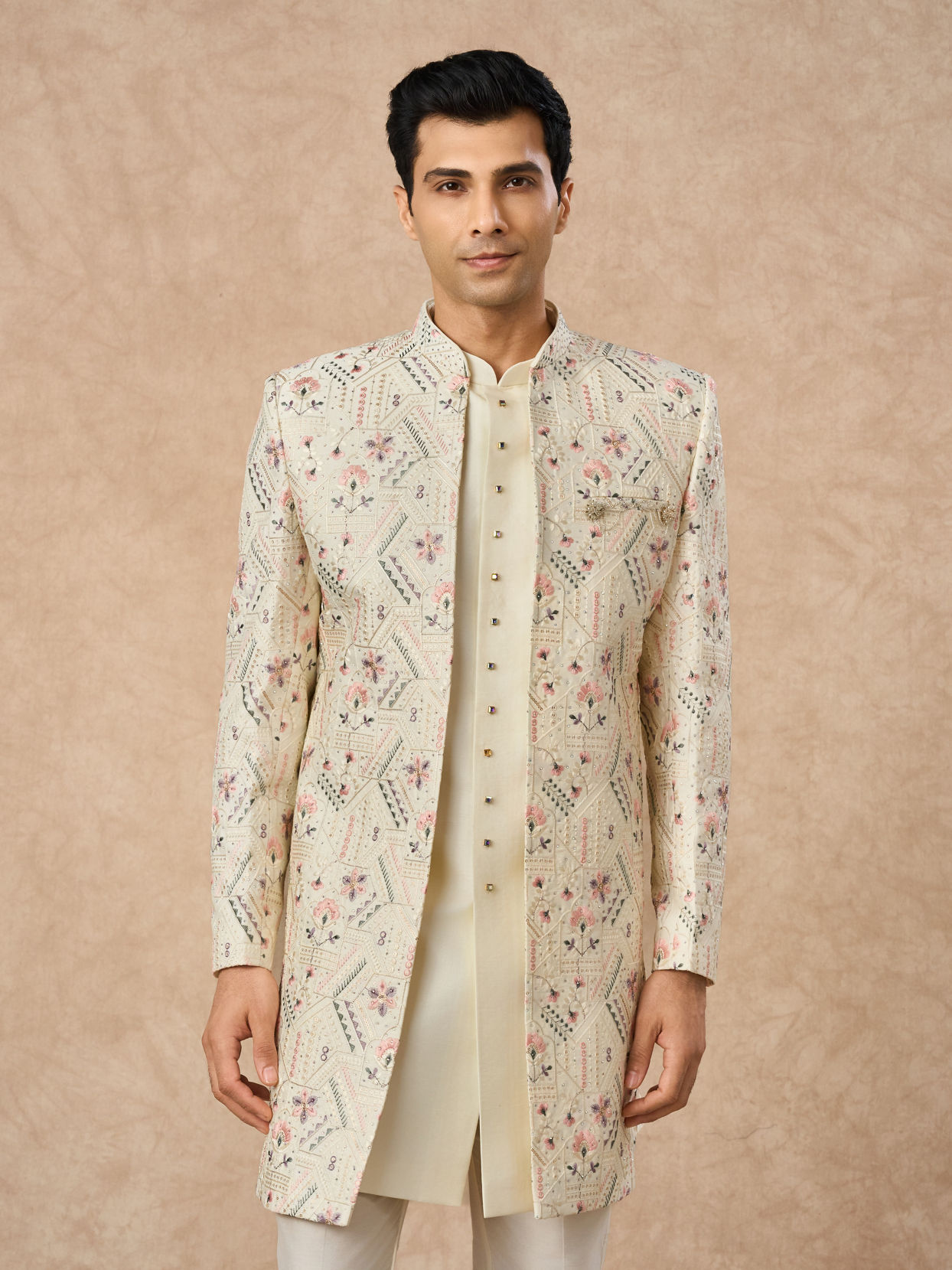 Manyavar Men Cream Art Silk Indo Western Jacket with Embroidery