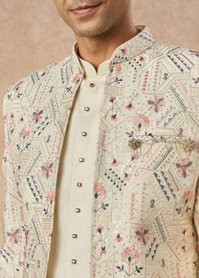Manyavar Men Cream Art Silk Indo Western Jacket with Embroidery