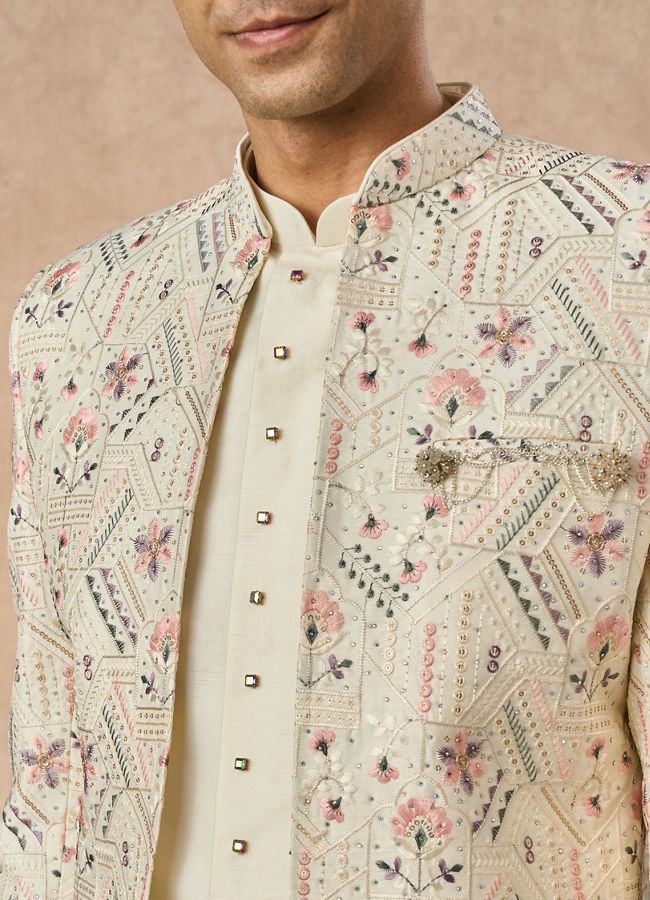 Manyavar Men Cream Art Silk Indo Western Jacket with Embroidery