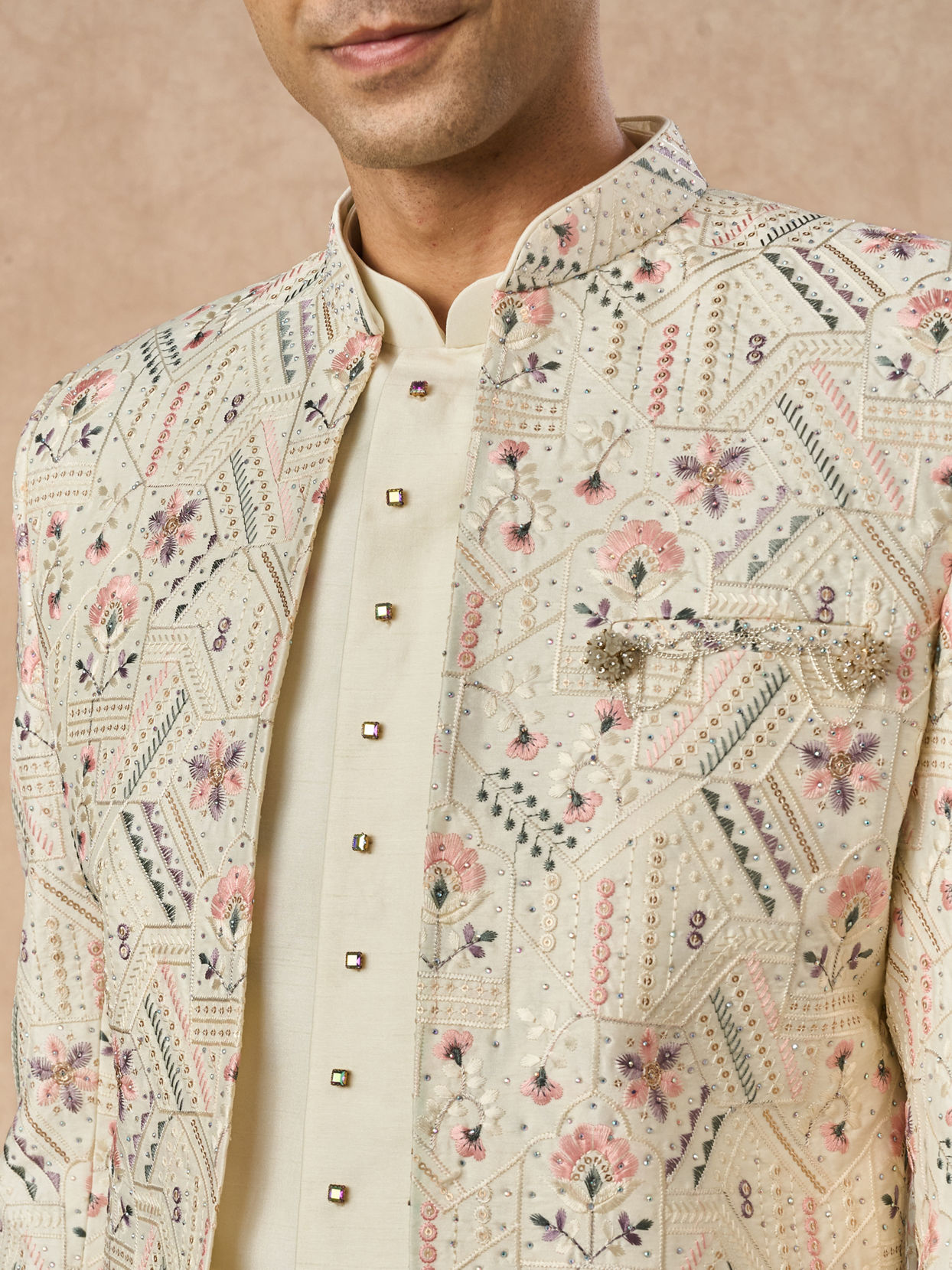 Manyavar Men Cream Art Silk Indo Western Jacket with Embroidery