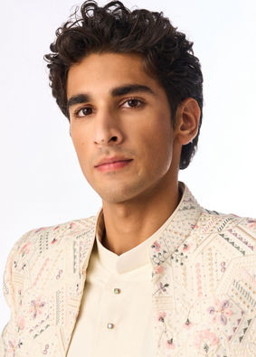Manyavar Men Cream Silk Indo Western Jacket with Embroidery