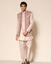 Manyavar Men Beige Silk Indo-Western Set with Printed