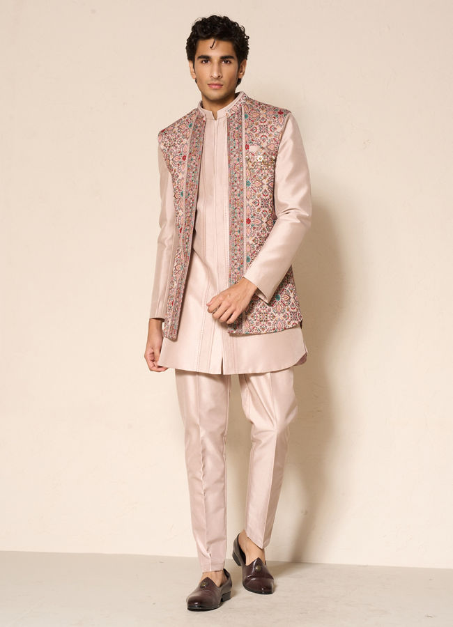 Manyavar Men Beige Silk Indo-Western Set with Printed