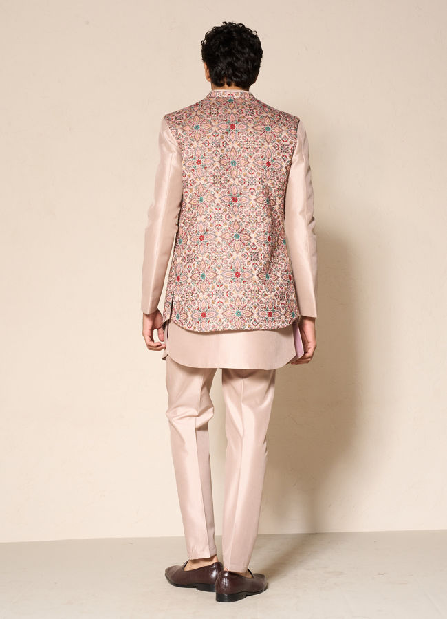 Manyavar Men Beige Silk Indo-Western Set with Printed