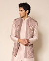 Manyavar Men Beige Silk Indo-Western Set with Printed