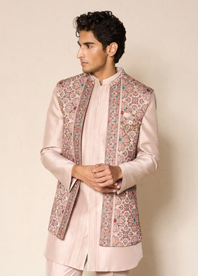 Manyavar Men Beige Silk Indo-Western Set with Printed