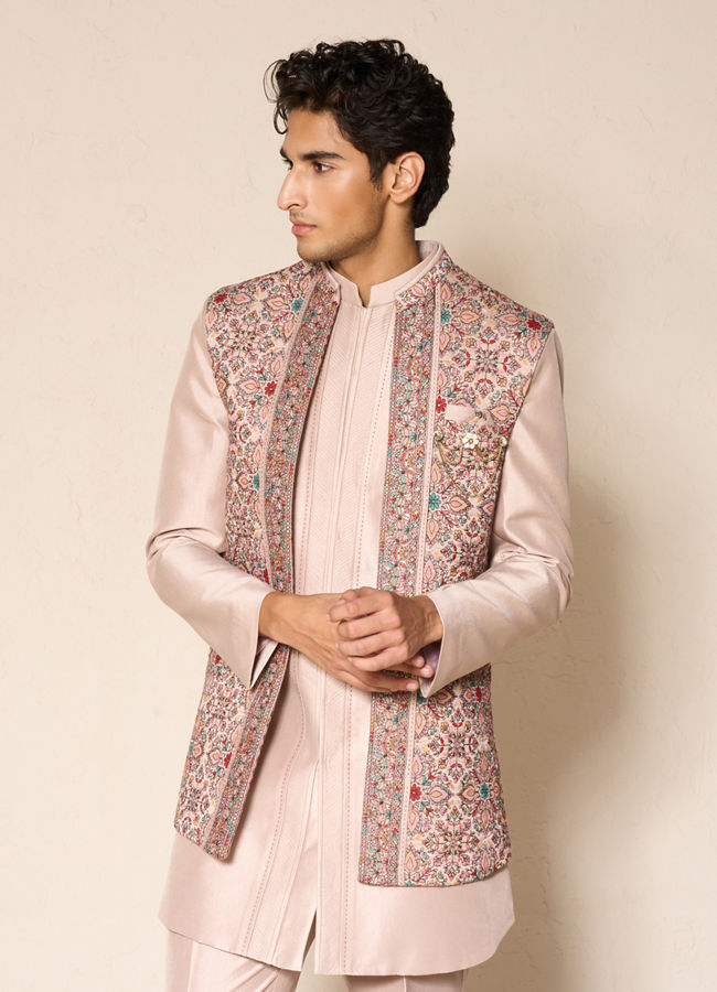 Manyavar Men Beige Silk Indo-Western Set with Printed