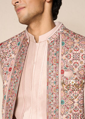 Manyavar Men Beige Silk Indo-Western Set with Printed